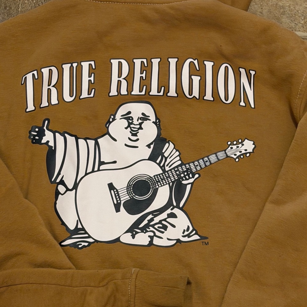 True Religion XL Buddha Sherpa Lined Hoodie Earthy Beige Y2K Streetwear Zip UP